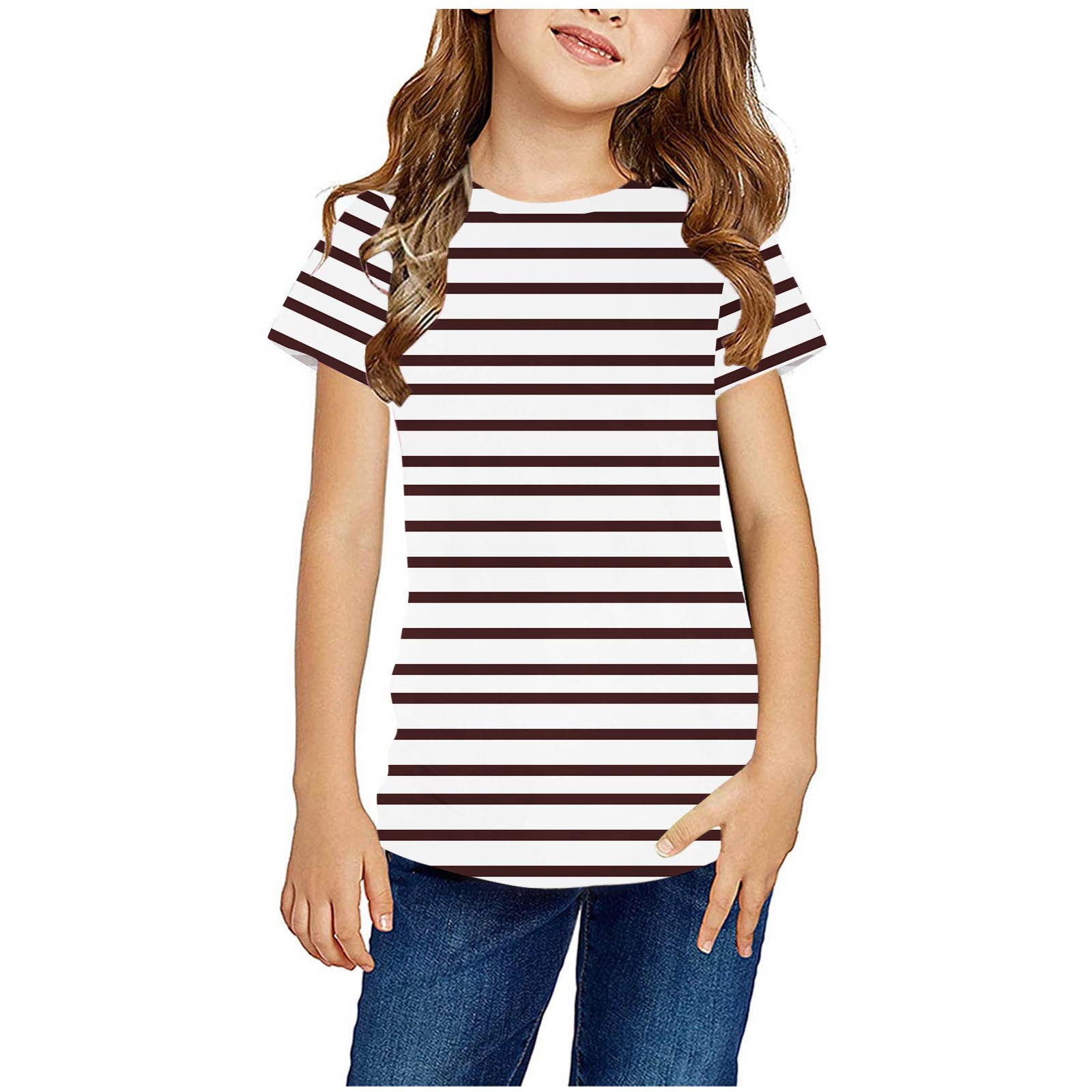 Boys Girl Short Sleeve Striped Crew Neckline T-Shirts Kid Tee, Cotton, 2-14Years, Loose Fitting Brown 7-8 Years